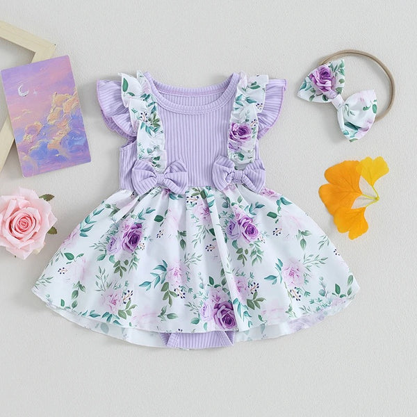 Baby Girl Floral Printed Romper Dress With Head Band