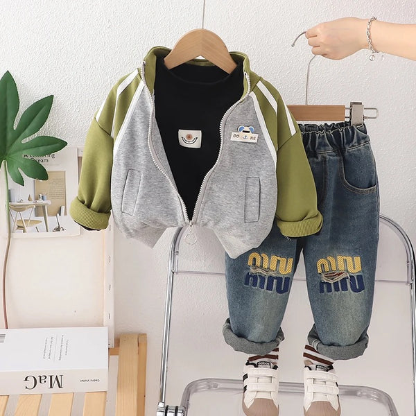 Boys Color Block Jacket With T-shirt And Designer Rugged Jeans