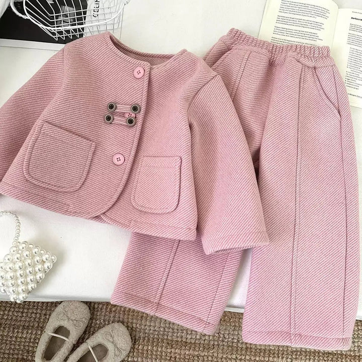 Toddler Girl's Pink Wool-Blend Coat and Wide-Leg Pants Set
