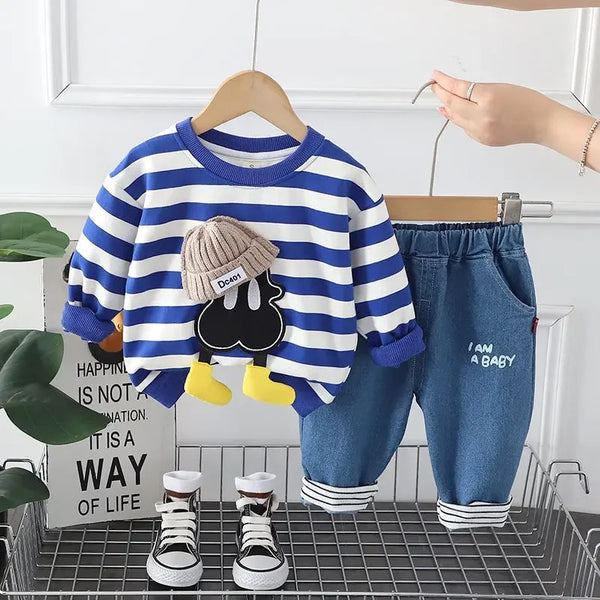 Boys Striped Blue T-shirt And Jeans 2 Pcs Set