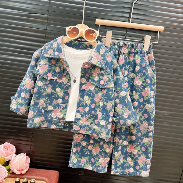 Girls Floral Printed Denim Co-ord Set