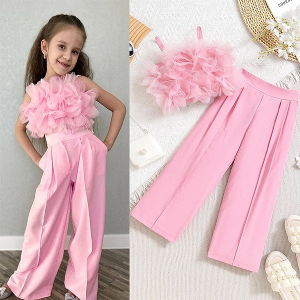 Girls Pink 3D Mesh Top And Trousers Set