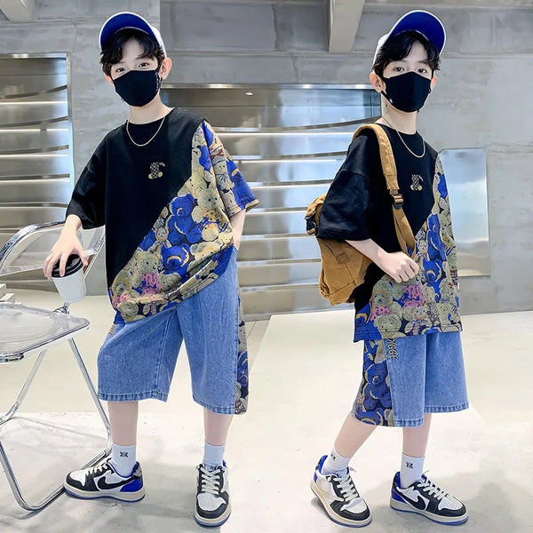 Boys Black Teddy Printed T-Shirt And Shorts