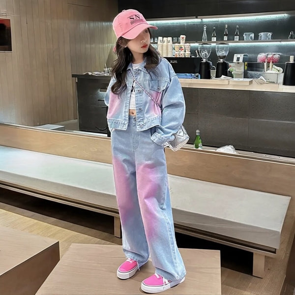 Girls Blue-Pink Denim Co-ord Set