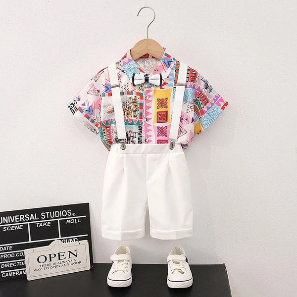 Boys Printed Shirt With Dungaree And Bow