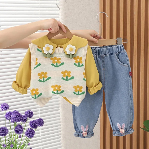 Girls Yellow Sweater Top And Jeans 3 Pcs Set