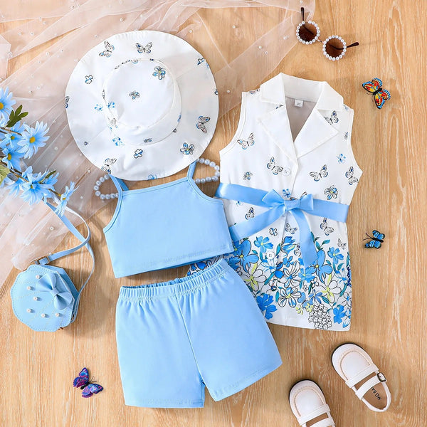 Girls Blue Floral Shirt With Hat And Camisole Top And Shorts