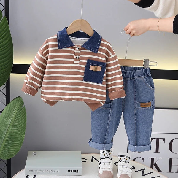 Boys Striped Polo T-Shirt And Jeans 2 Pcs Set