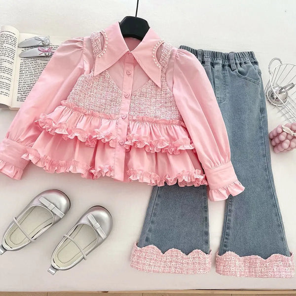 Girls Pink Ruffle Shirt And Denim Set TrendyKid