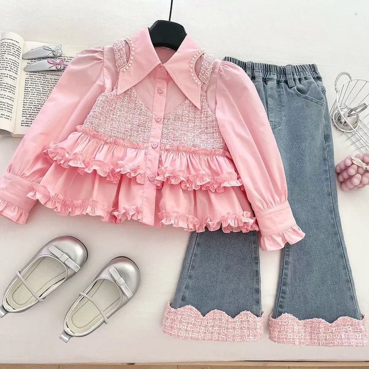 Girls Pink Ruffle Shirt And Denim Set TrendyKid