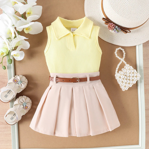 Girls Yellow Sleeveless T-shirt And Pleated Skirt With Belt