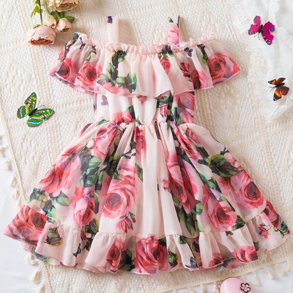 Girls Off Shoulder Floral Printed Ruffle Dress