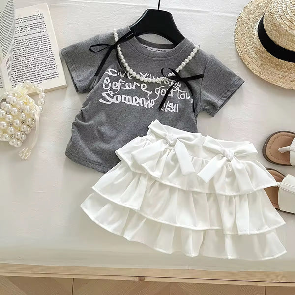 Girls Pearl-Detail Top And Skirt Set
