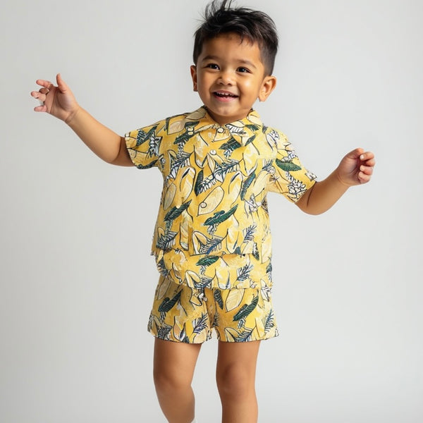 Boys Yellow Printed Shirt And Short Set