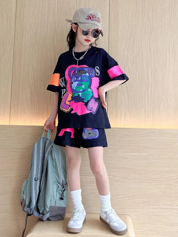 Girls Black Printed Summer Co-ord Set