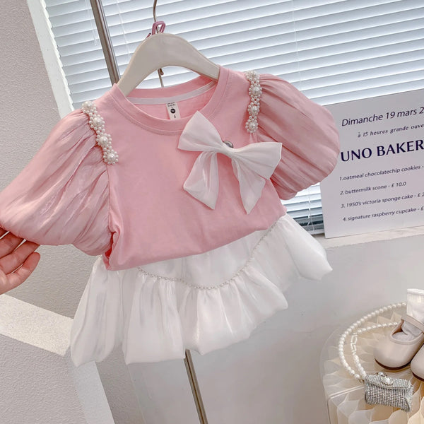 Girls Pink Bow Top With Flair Skirt