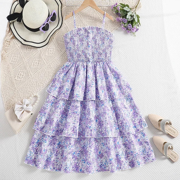 Girls Floral Printed Layered Dress