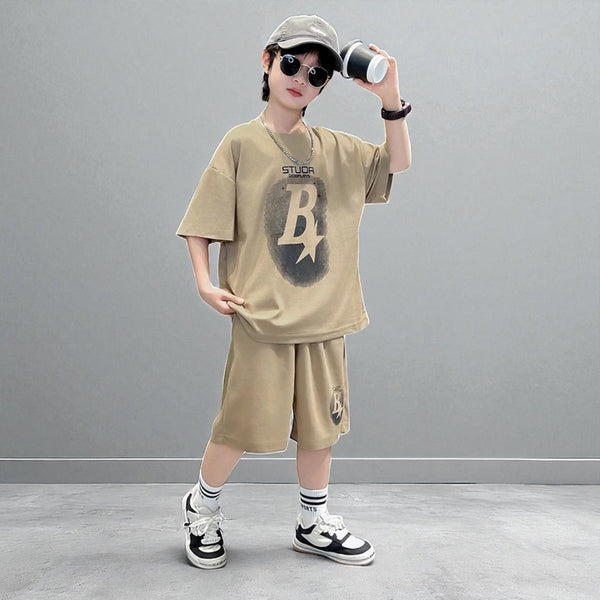 Boys Brown Printed T-Shirt And Shorts 2 pcs Set
