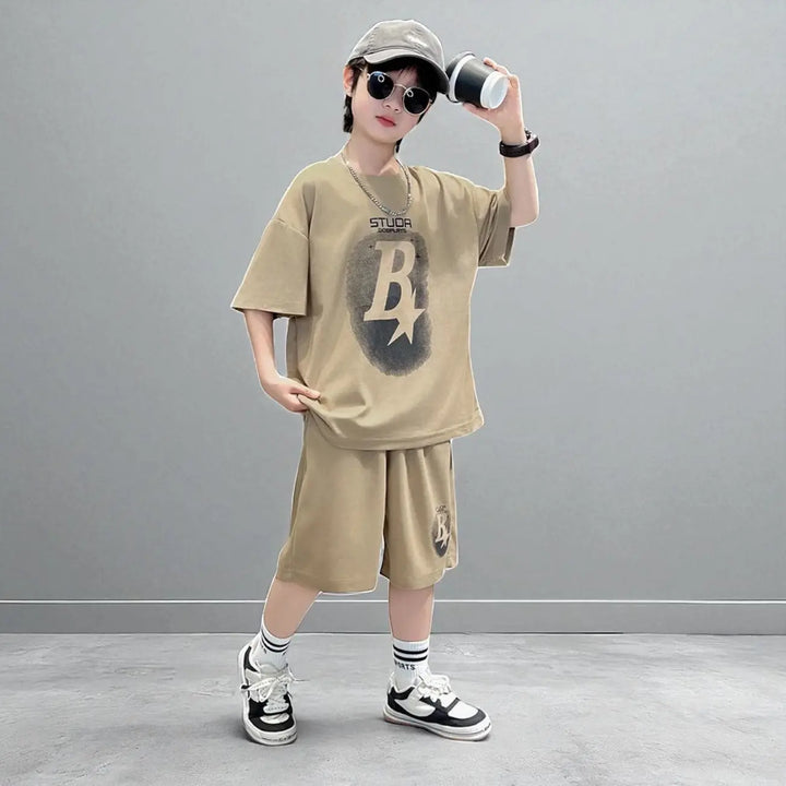 Boys Brown Printed T-Shirt And Shorts 2 pcs Set TrendyKid