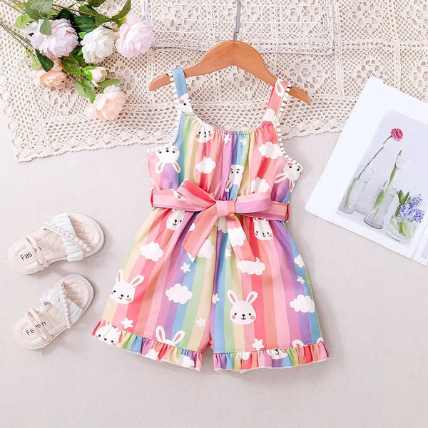 Girls Cartoon Printed Playsuit With Belt