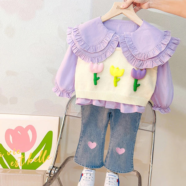 Girls Adorable Purple Tulip Embellished Kids Ruffle Top and Heart-Detail Denim Set