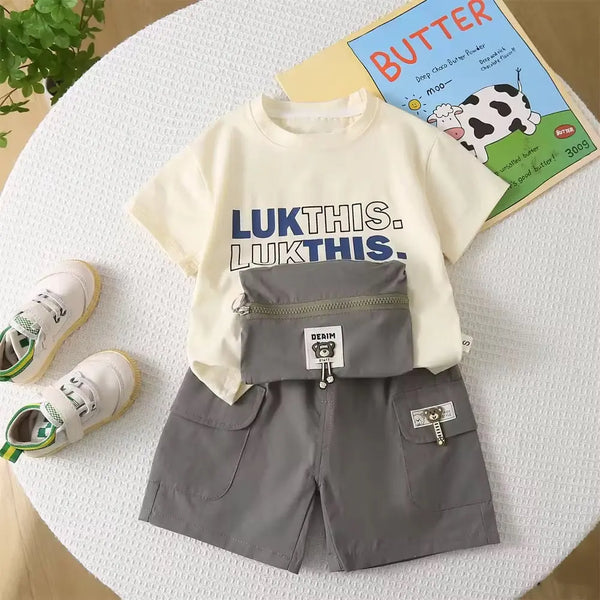 Boys Graphic Tee & Cargo Shorts Set with Waist Pouch TrendyKid