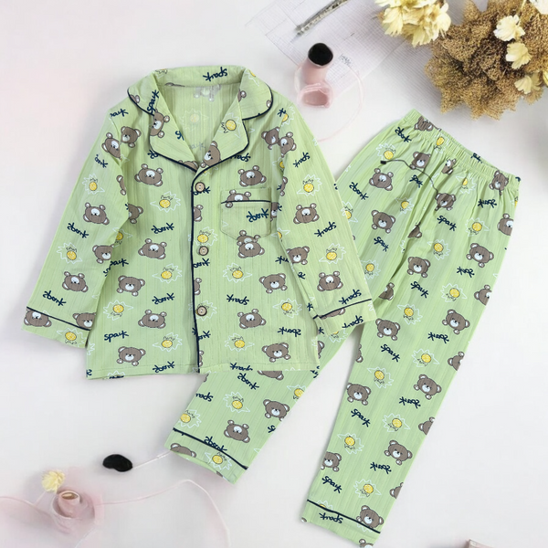 Kids Teddy Printed Green Night Suit