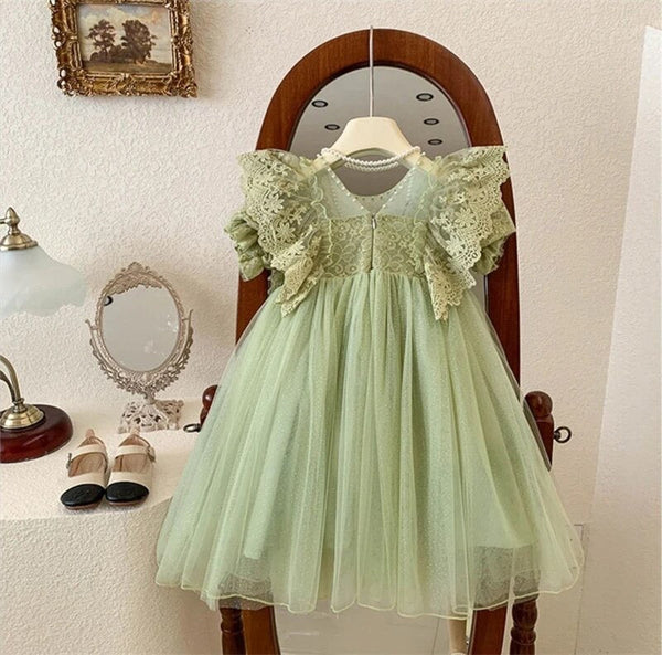 Girls Green Lace Frill Dress