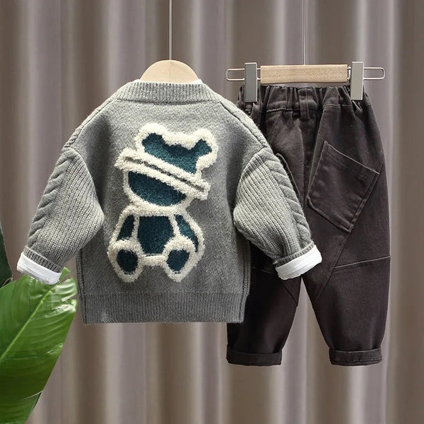 Boys Grey Sweater with T-shirt And Trouser 3 Pcs Set