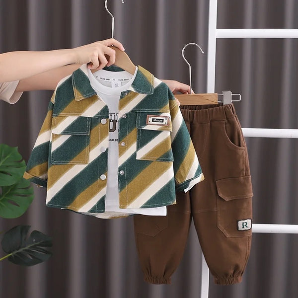 Boys Green Designer Shacket With T-shirt And Jogger 3 Pcs Set