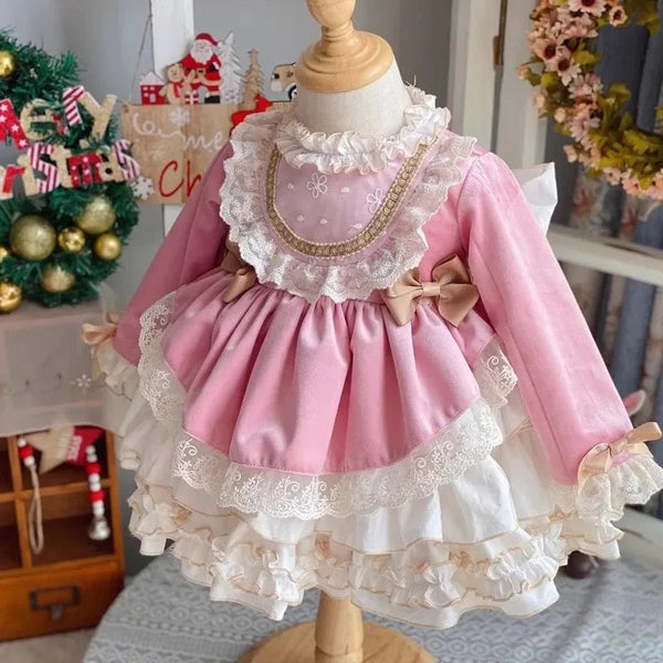 Girls Party Wear Ruffled Velvet Bow Pink Dress