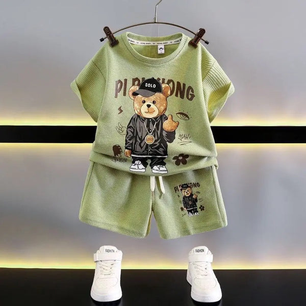 Boys Green Bear Print T-Shirt And Shorts 2 pcs Set