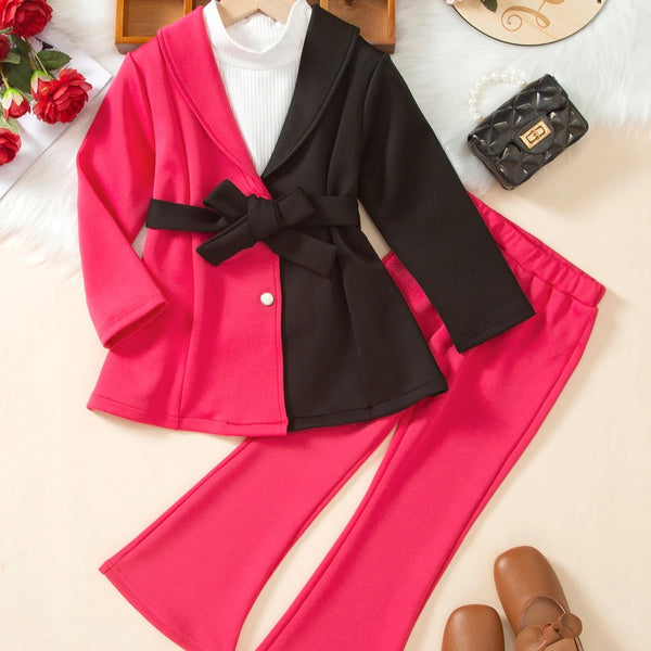 Girls Color Block Jacket And Pants 2 Pcs Set