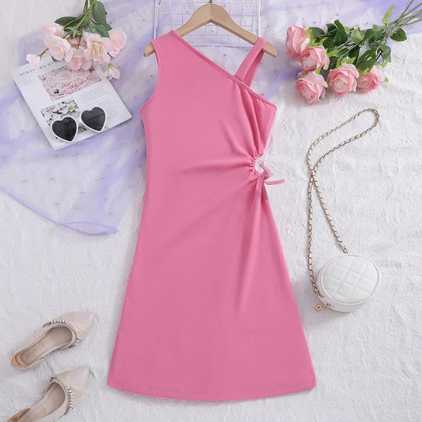 Girls Solid Pink One Shoulder Dress