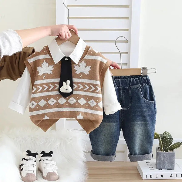 Boys Autumn Stylish Sweater & Denim Set with Shirt & Bunny Tie TrendyKid