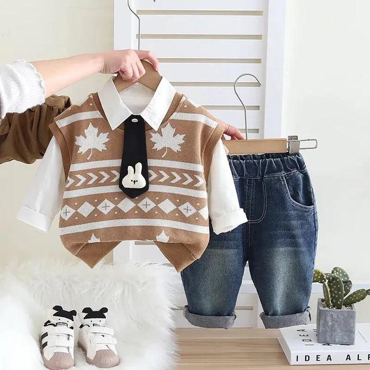 Boys Autumn Stylish Sweater & Denim Set with Shirt & Bunny Tie TrendyKid