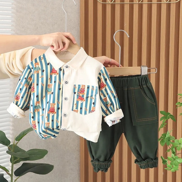 Boys Green Striped Shirt & Trouser 2 Pcs Set