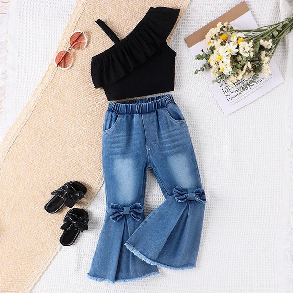 Girls Off Shoulder Black Top And Bell Bottom Jeans