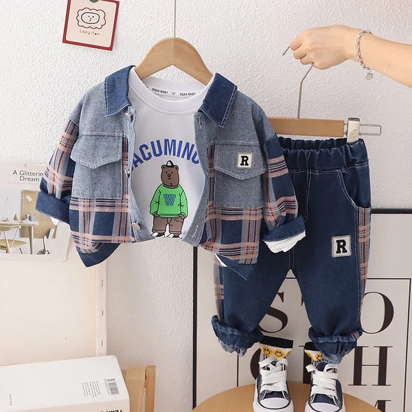 Boys Checkered Denim 3 Pcs Set