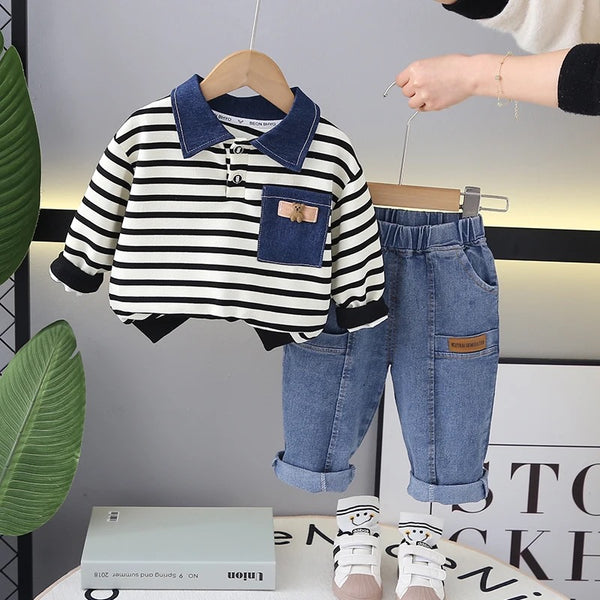 Boys Striped Polo T-Shirt And Jeans 2 Pcs Set