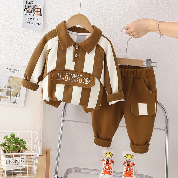 Boys Brown Striped Polo T-Shirt And Jogger 2 Pcs Set