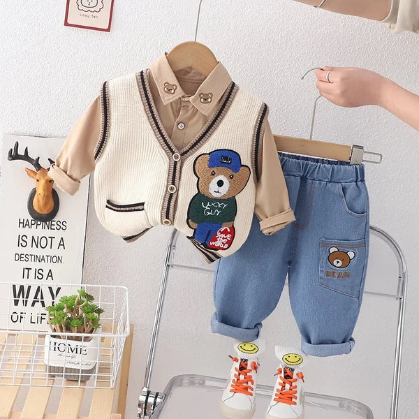 Boys Beige Shirt With Teddy Motif Sweater And Jeans 3 Pcs Set