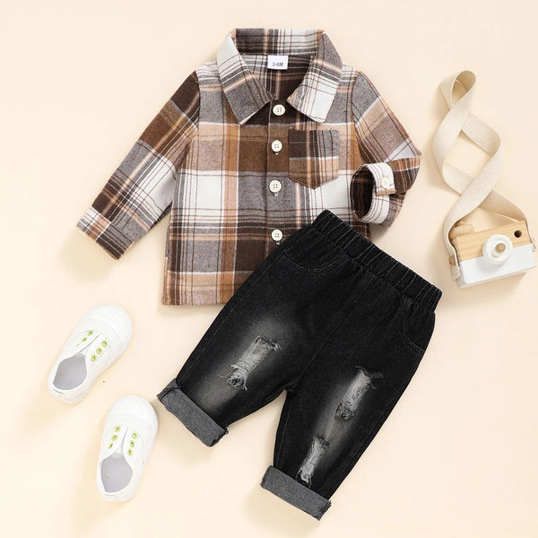 Boys Brown Checkered Shirt And Jeans Set