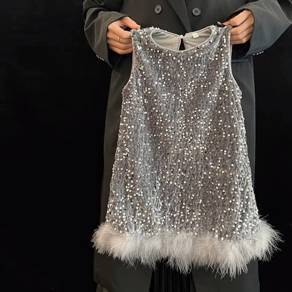 Girls Silver Sparkle Sequin Party Dress with Feather Hem
