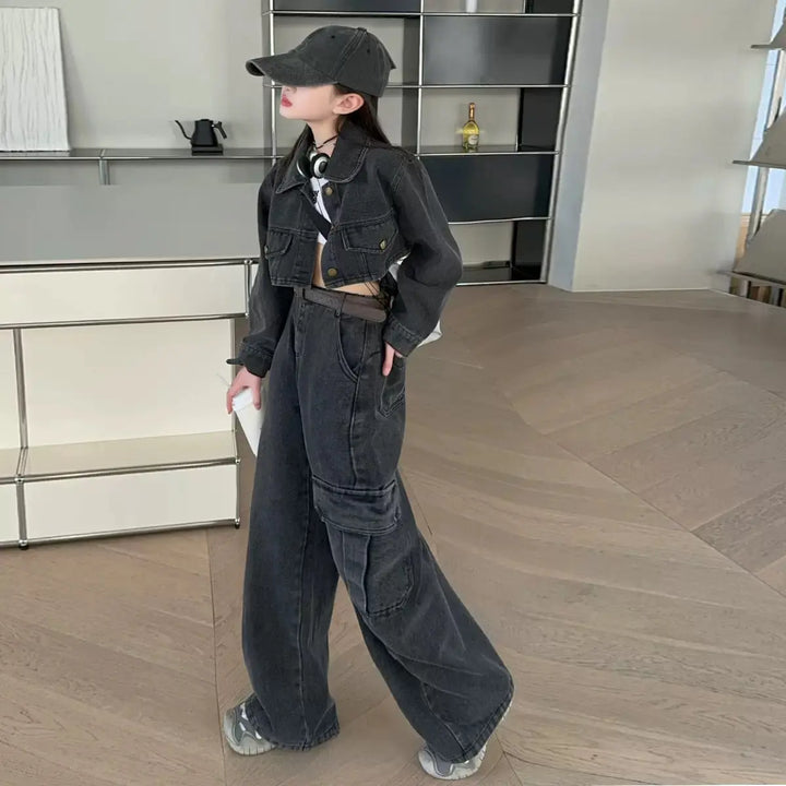 Girls Black Denim Co-ord Set TrendyKid