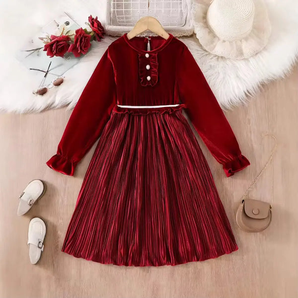 Girls Red Velvet-Pleated Dress TrendyKid