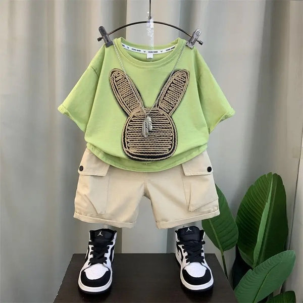 Boys Green Rabbit Patchwork T-shirt And Shorts 2 Pcs Set