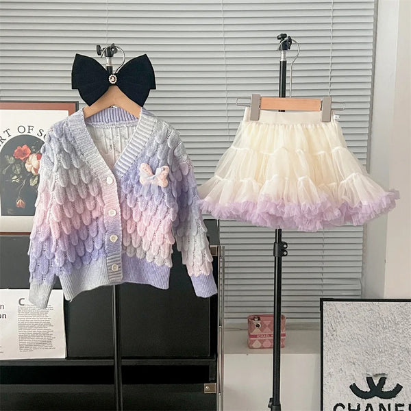 Girls Shaded Cardigan And Ruffled Skirt 2 Pcs Set