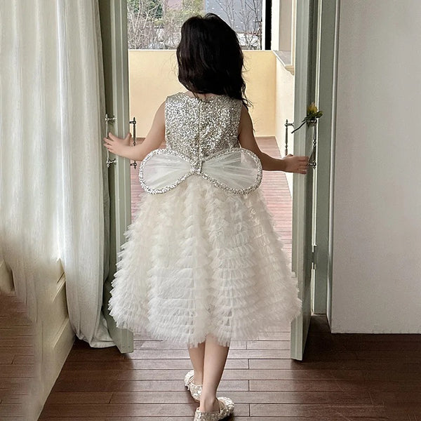 Girls Sparkle Pearl White Tutu Dress with Bow