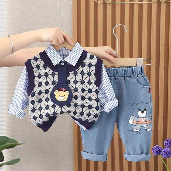 Boys Patterned Sweater, Checkered Shirt And Jeans 3 Pcs Set